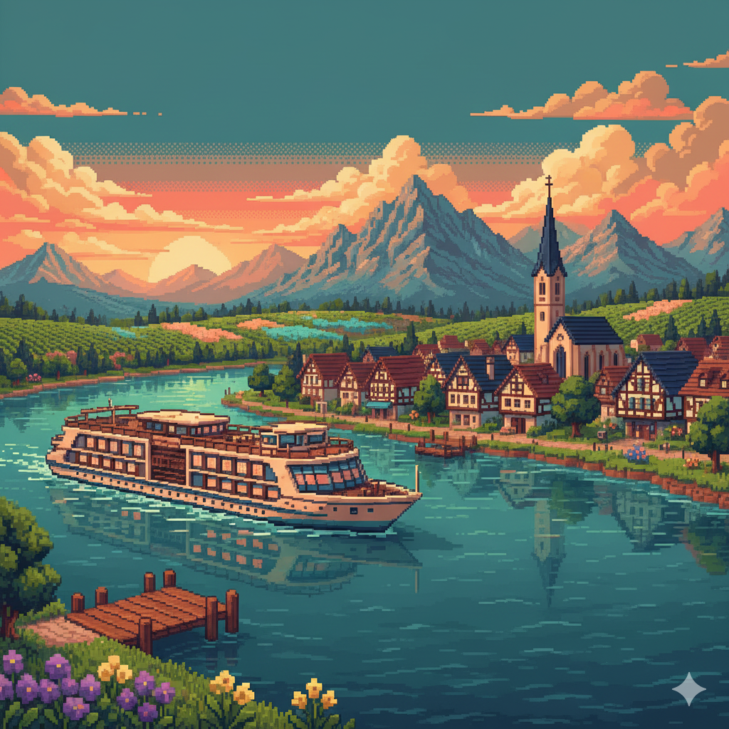 Pixel art cruise ship sailing past a charming European village at sunset